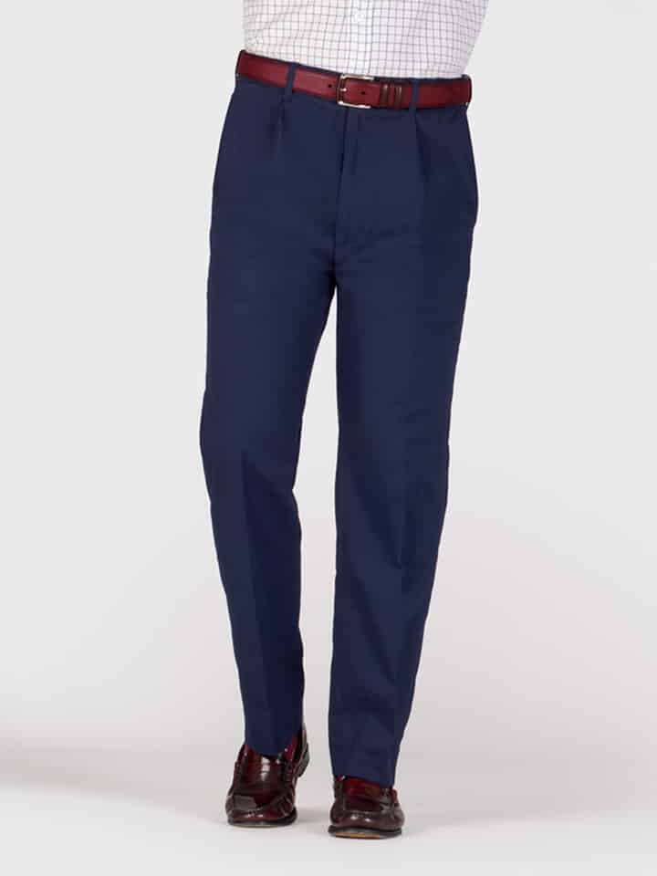 Men's Navy Blue Pleated Chino Trousers Front on Model