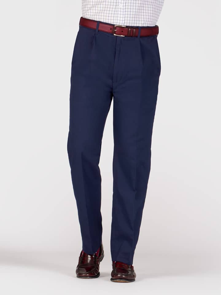 Men's Navy Blue Pleated Chino Trousers Front on Model