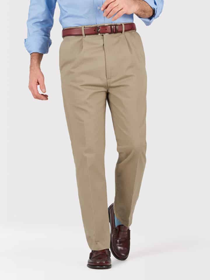 Mens Sand Pleated Chino Trousers on Model