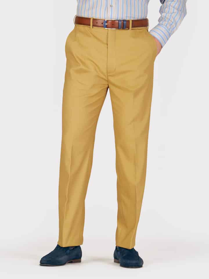 Mens Mustard Flat Front Chinos on Model