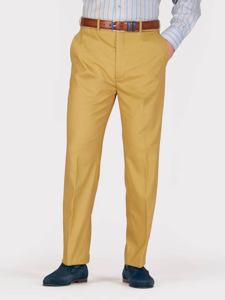 Mens Mustard Flat Front Chinos on Model