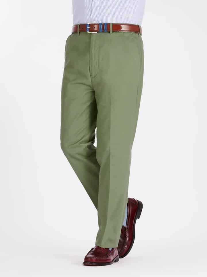 Men's Green Flat Front Chino Trousers