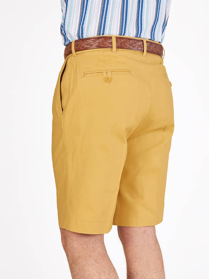Men's Mustard Yellow Cotton Pleated Shorts Back Pockets