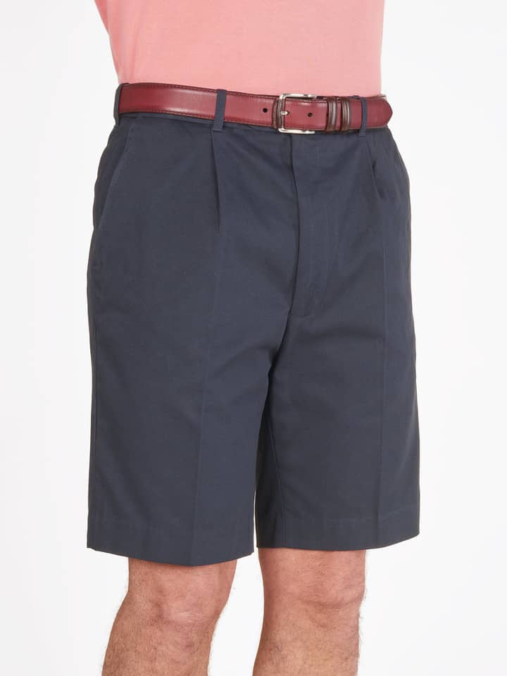 Model wears Men's Navy Blue Cotton Pleated Chino Shorts
