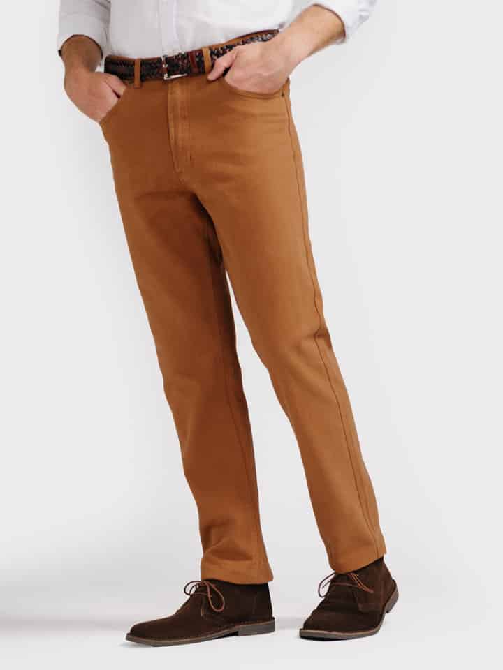 Men's Tan Brown Drill Jeans On Model