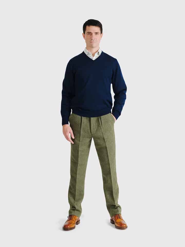 Men's Navy Blue Merino Wool V-Neck Jumper On Model