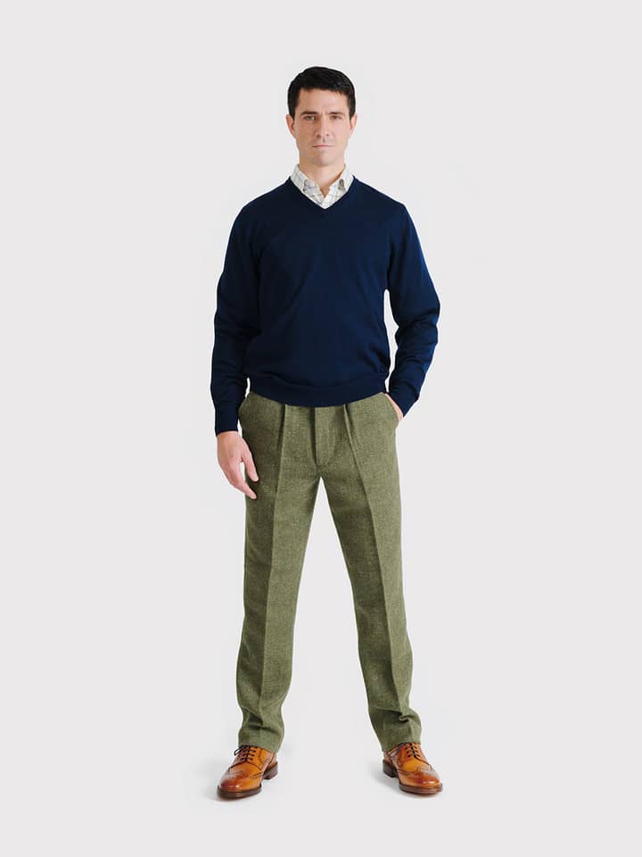 Men's Navy Blue Merino Wool V-Neck Jumper On Model