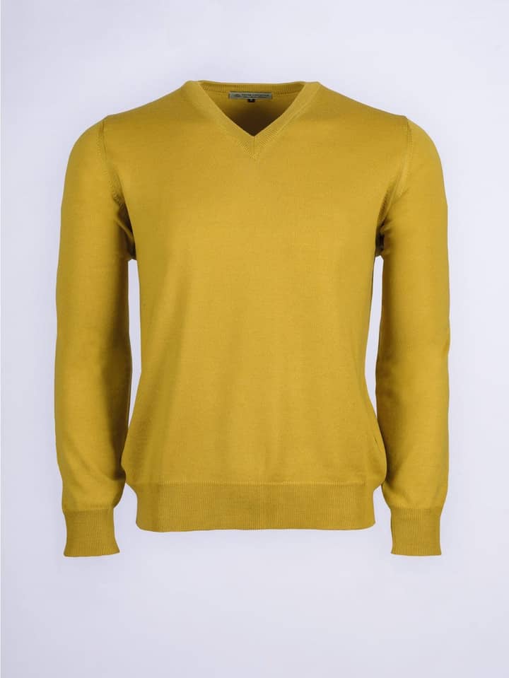 Men's Gold Yellow Merino Wool V-Neck Jumper