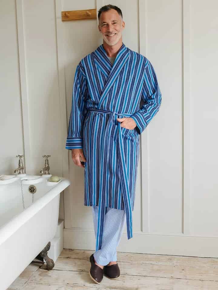 Men's Navy & Blue Club Stripe Summer Dressing Gown - Men's Cotton Dressing Gown