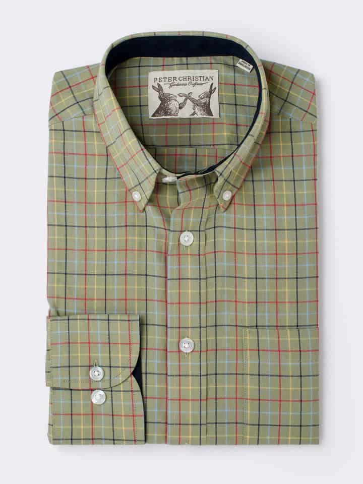 Men's Green Button Down Collar Check Cotton Shirt