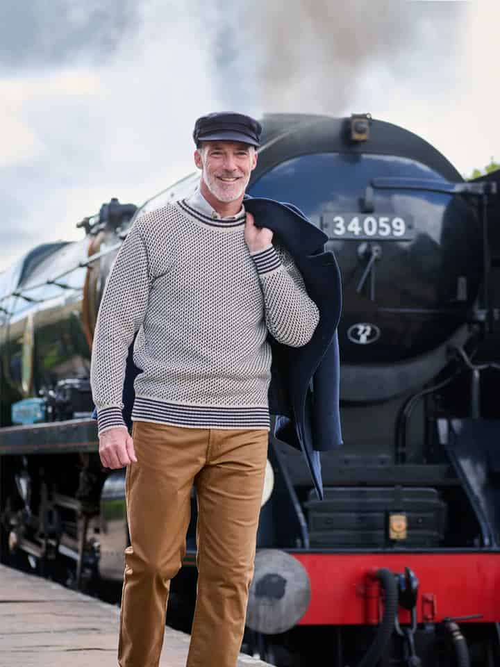 Men's Ecru Norwegian Jumper 100% Pure Wool On Model