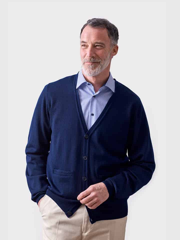 Men's Navy Blue Merino Wool Cardigan On Model