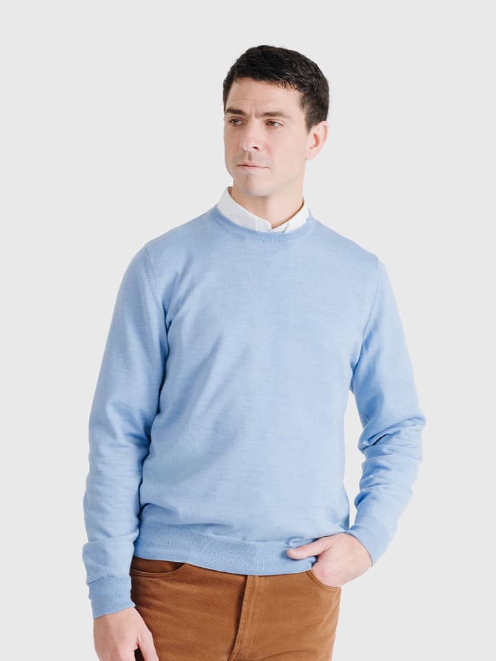 Men's Light Blue Duck Egg Blue Merino Wool Crew Neck Jumper
