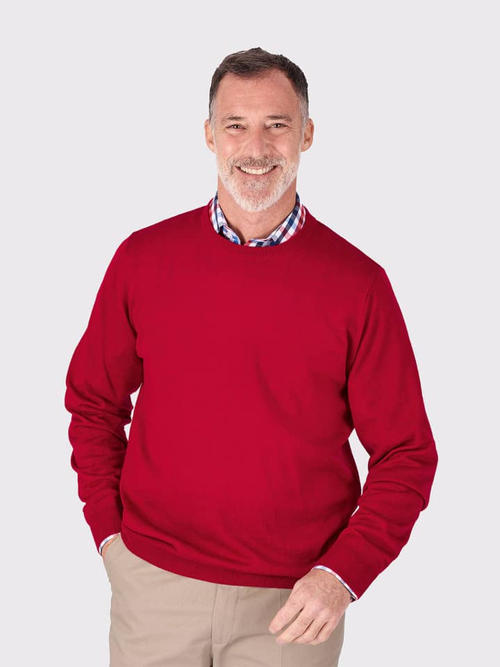 Men's Red Merino Wool Crew Neck Jumper On Model