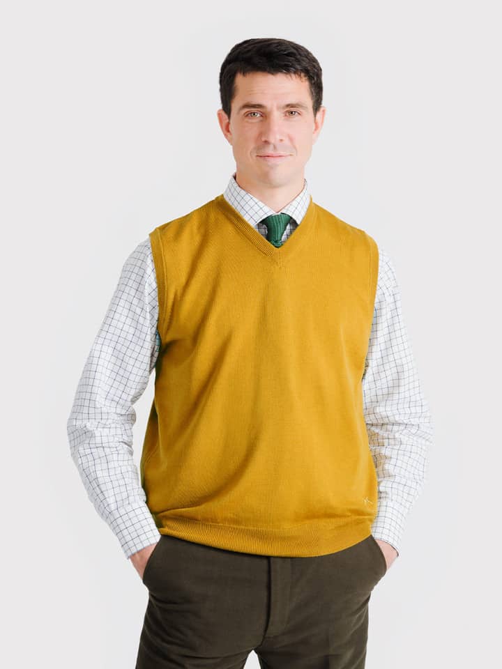 Men's Gold Yellow Merino Wool Slipover On Model