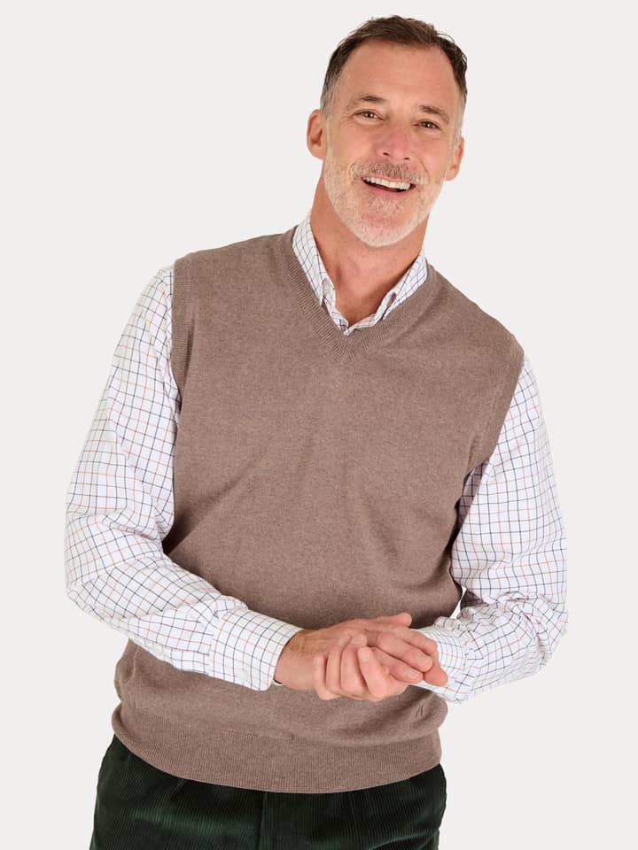 Men's Doe Beige Merino Wool Slipover On Model