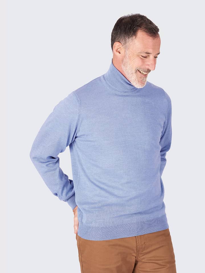 Men's Light Blue Merino Wool Polo Neck Jumper On Model
