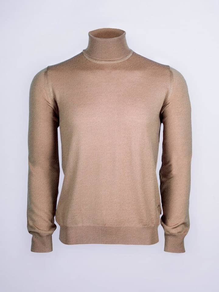 Men's Doe Beige Merino Wool Polo Neck Jumper