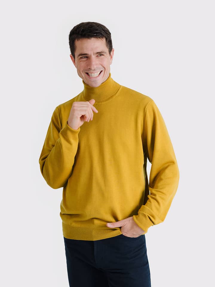 Men's Gold Merino Polo Neck On Model