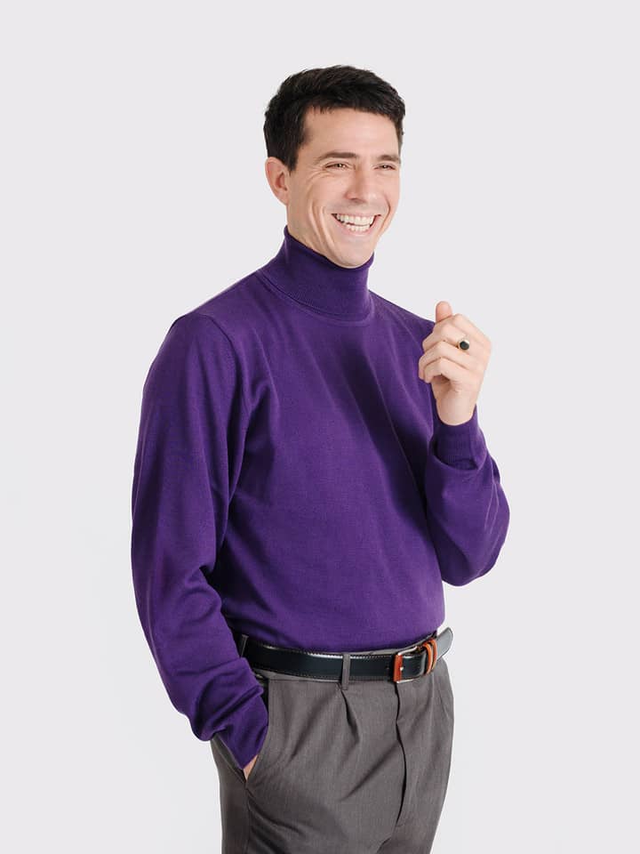 Men's Purple Merino Wool Polo Neck Jumper On Model