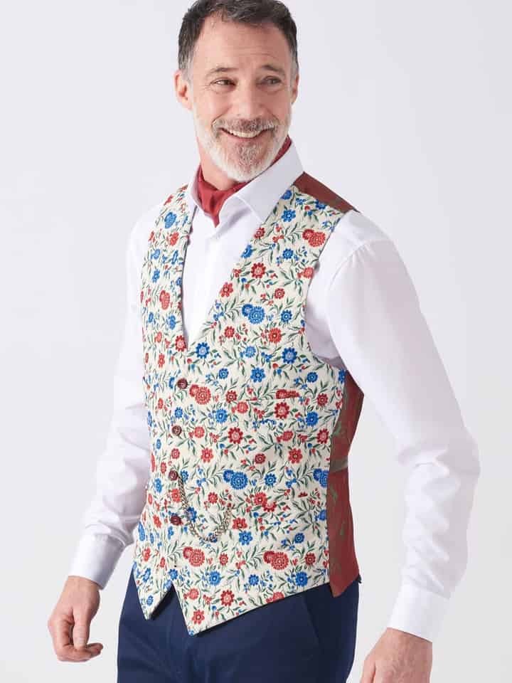 Model wears Men's Blue Floral Brocade Waistcoat