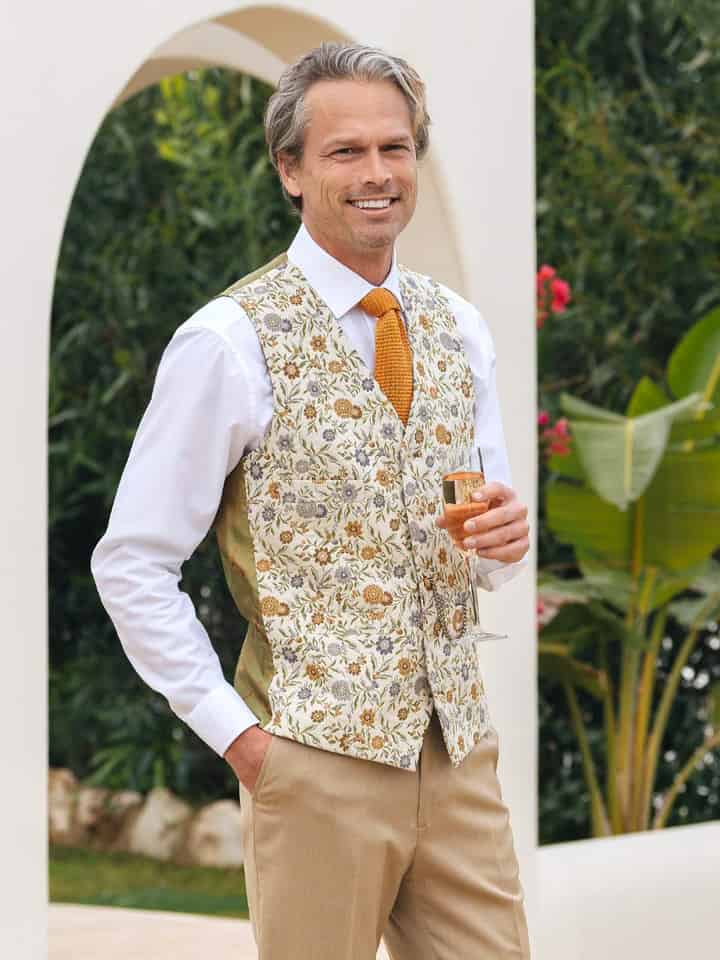 Men's Gold Floral Brocade Waistcoat on Model