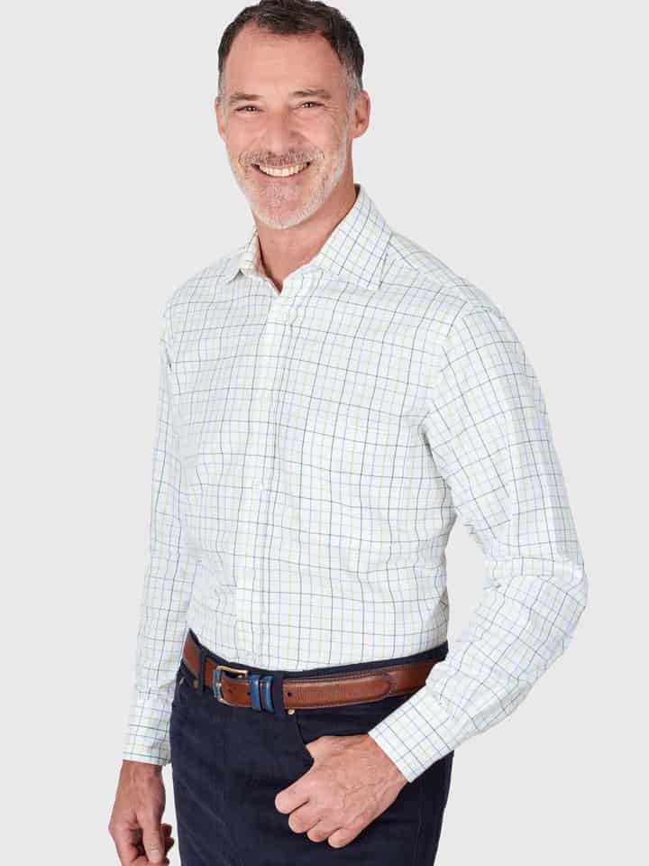 Men's Green And White Tattersall Check Shirt On Model