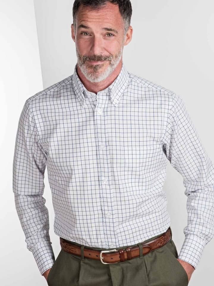 Men's Gold and White Button Down Collar Check Tattersall Shirt on model