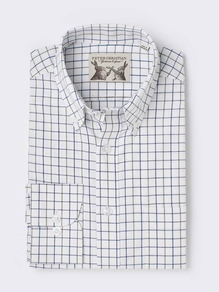 Men's Blue and White Button Down Collar Check Tattersall Shirt