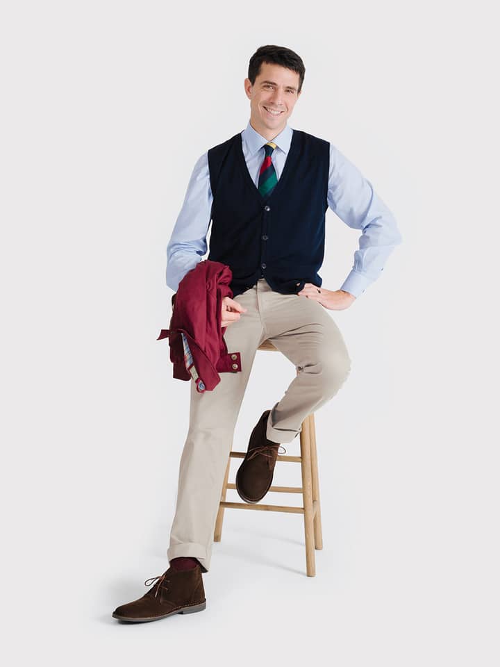 Men's Navy Blue Merino Wool Waistcoat On Model