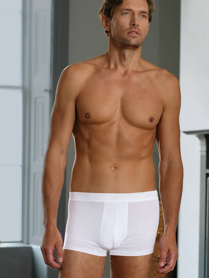 Model Wearing White Vedoneire Jersey Boxer Briefs