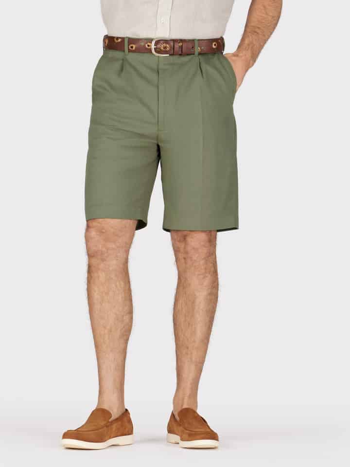 Mens Green Cotton Pleated Shorts on Model
