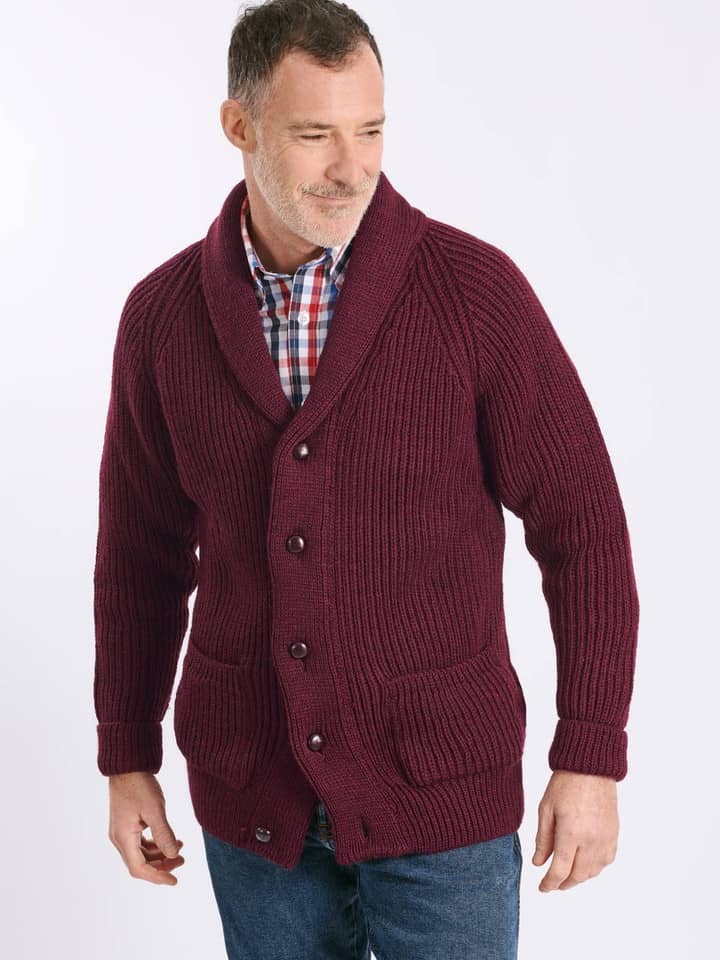 Men's Burgundy Red  Shawl Neck Wool Chunky Cardigan