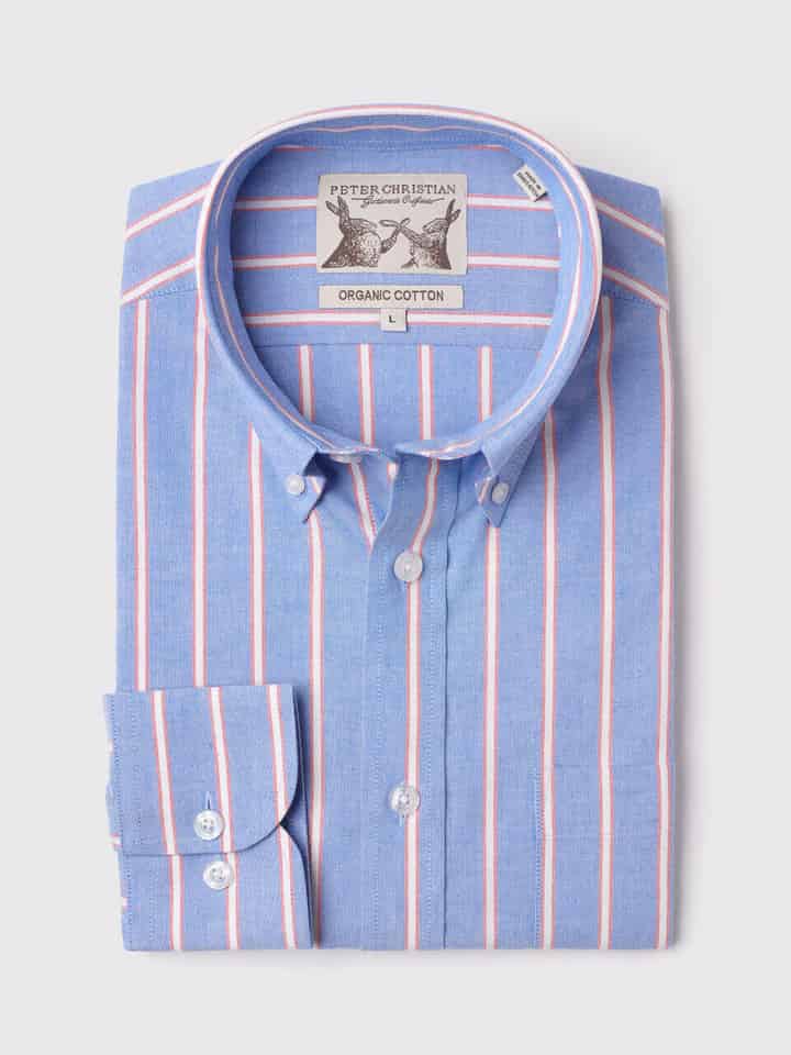 Men's Blue Red Stripe Cotton Oxford Shirt