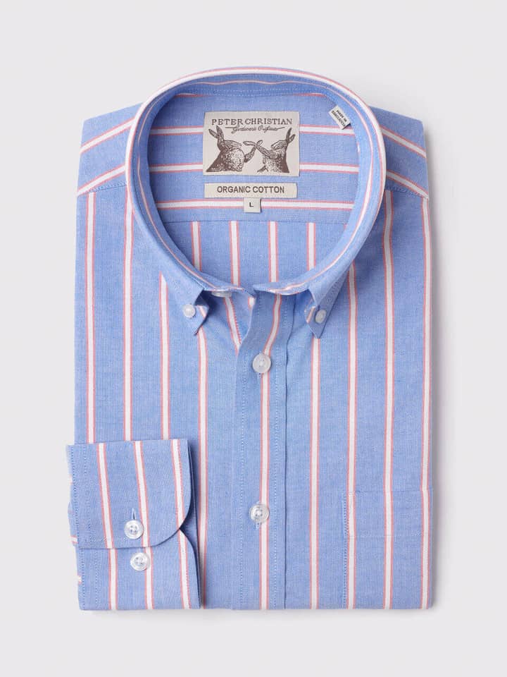 Men's Blue Red Stripe Cotton Oxford Shirt