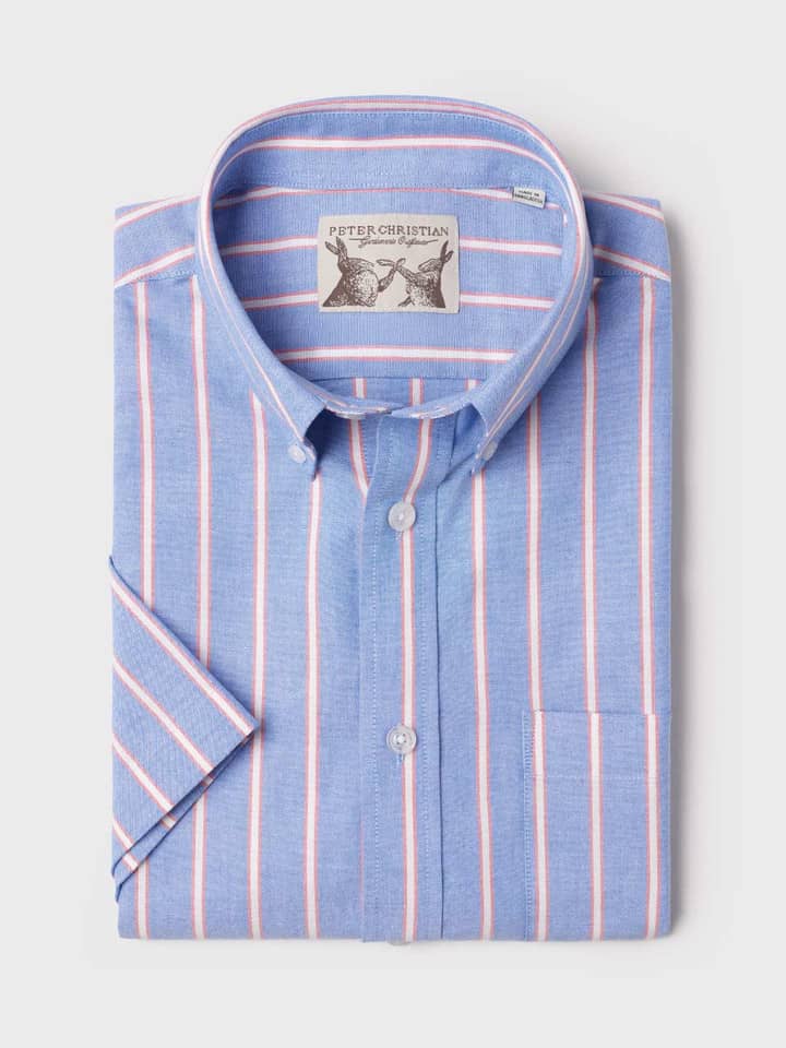 Men's Blue Red Stripe Cotton Short Sleeve Shirt