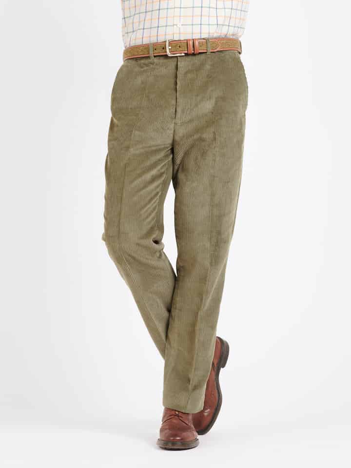 Men's Green Flat Front Corduroy Trousers