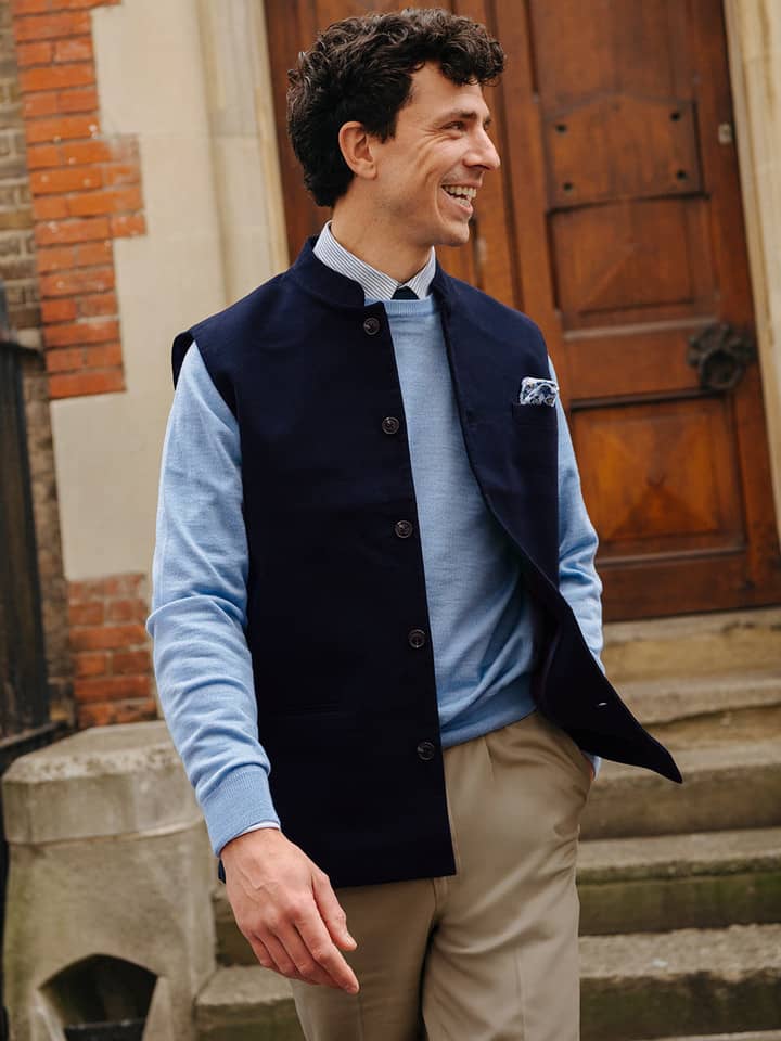 Mens Navy Blue Moleskin Nehru Collar Gilet On Model