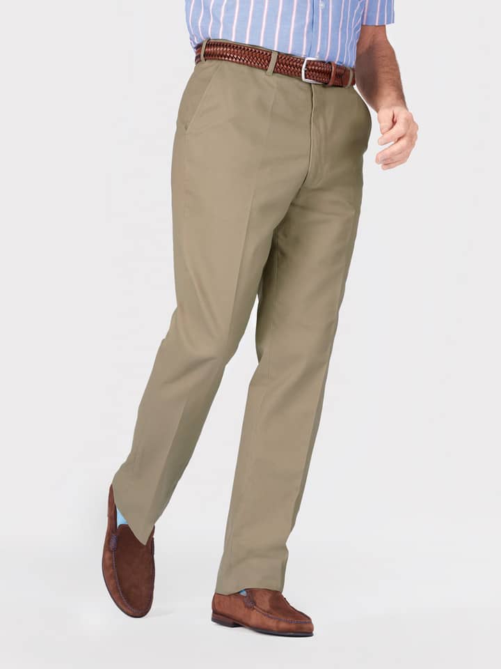 Men's Sand Beige Cotton Flat Front Chinos on Model