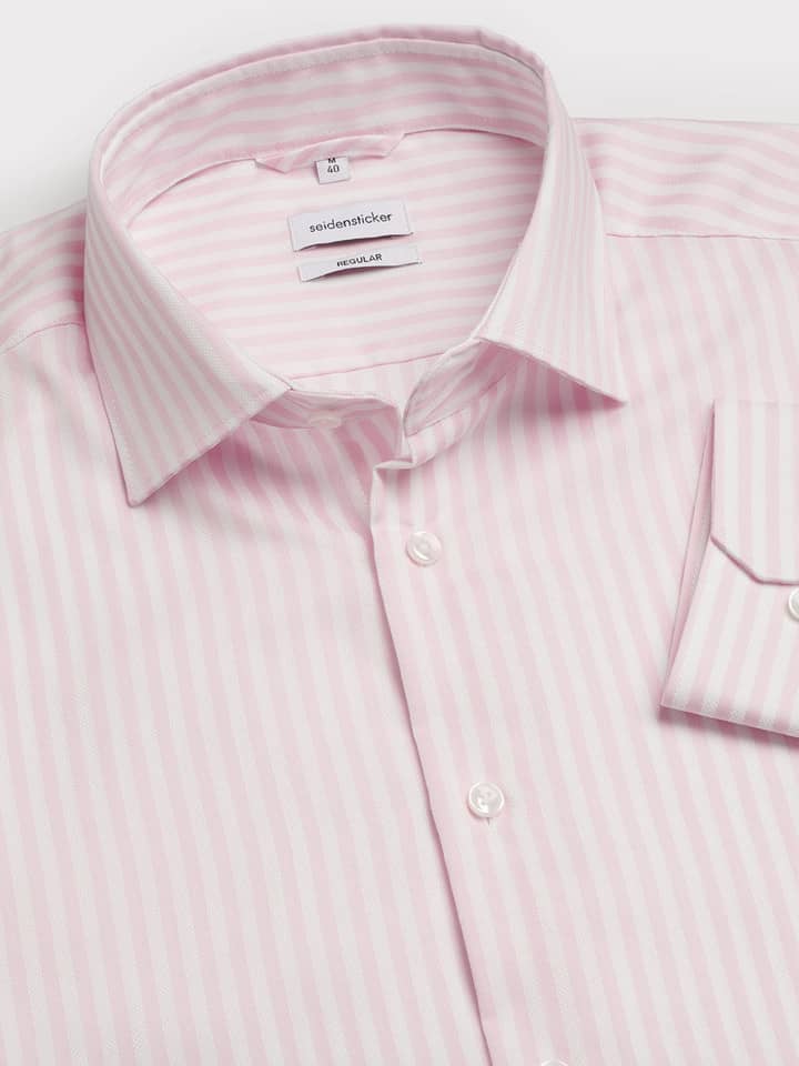Men's Pink and White Stripe Seidensticker Long Sleeve Cotton Shirt collar Close Up