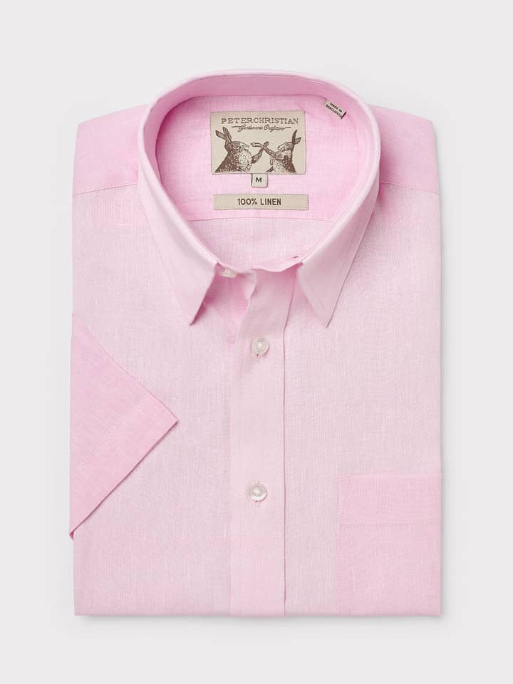 Men's Pink 100% Linen Short Sleeve Shirt