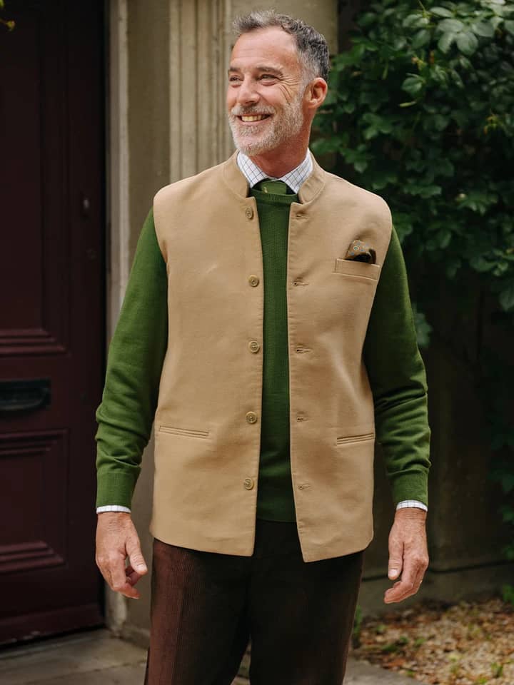 Mens Moleskin Nehru Gilet in Biscuit on Model