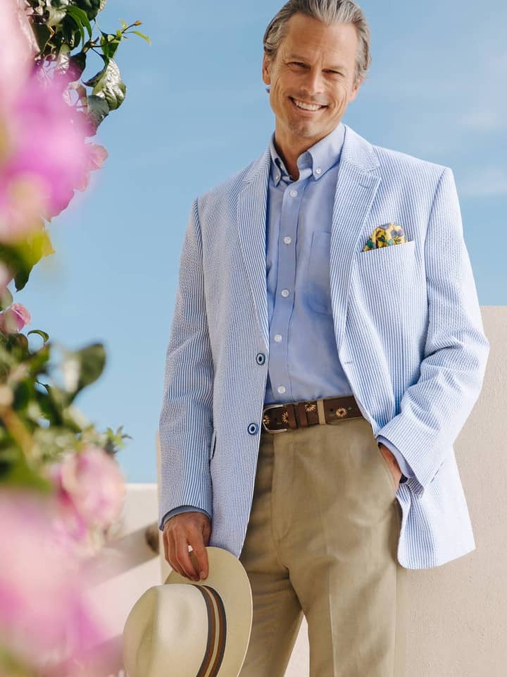 Men's Blue and White Stripe Seersucker Jacket On Model