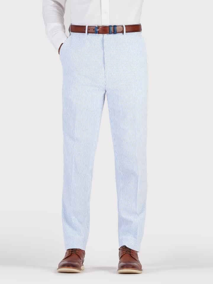 Men's Blue & White Striped Seersucker Suit Trousers