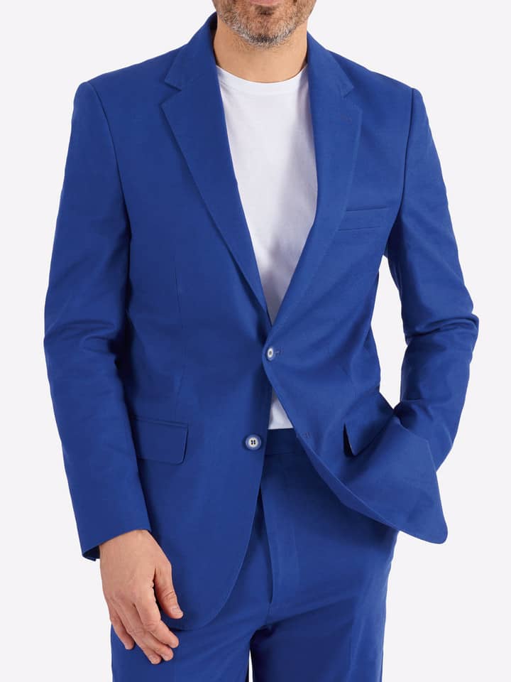 Blue Linen and Cotton Suit Jacket On Model