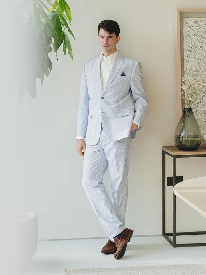 Men's Blue and White Stripe Seersucker Suit