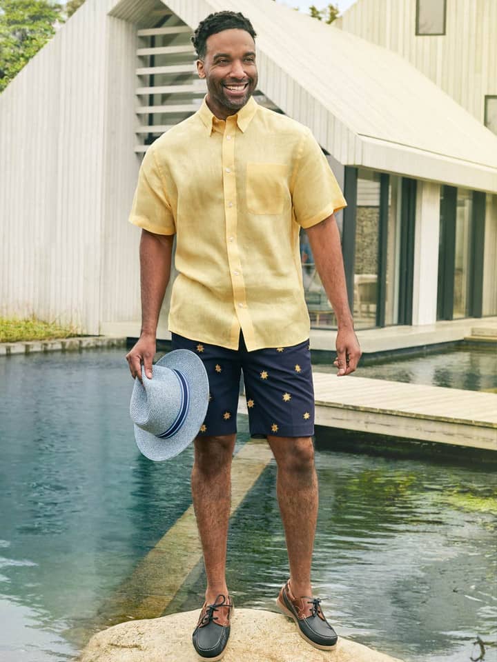 Men's Sun Embroidered Navy Cotton Pleated Shorts