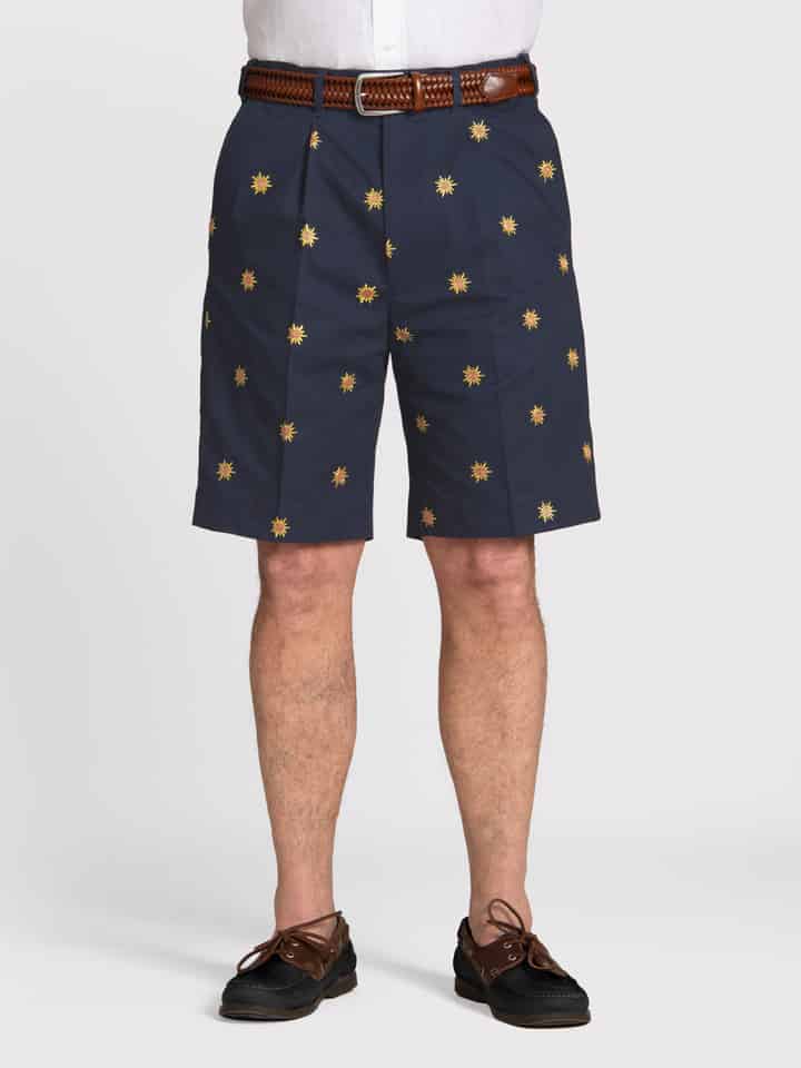 Sun Embroidered Navy Cotton Pleated Shorts