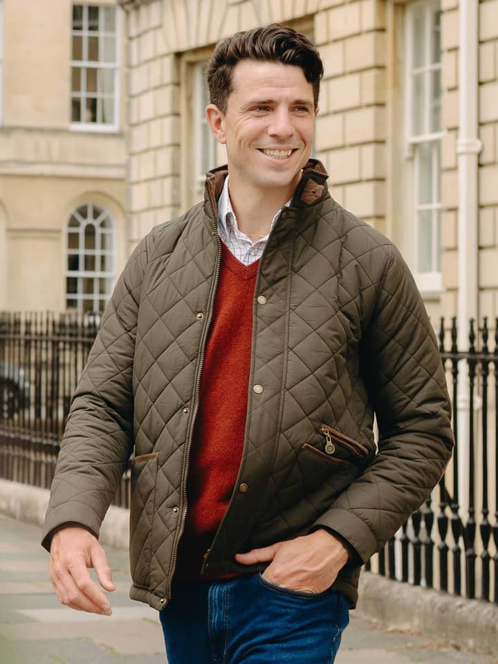 Men's Olive Green Quilted Coat On Model