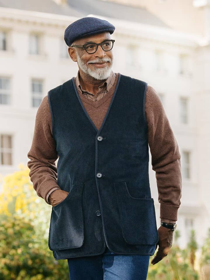Men's Navy Corduroy Gilet On Model